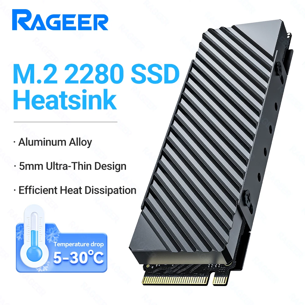 RAGEER M.2 2280 SSD Cooler Slim Aluminum Efficient Cooling Solution Compatible with Laptops, PS5 and Desktop Computers