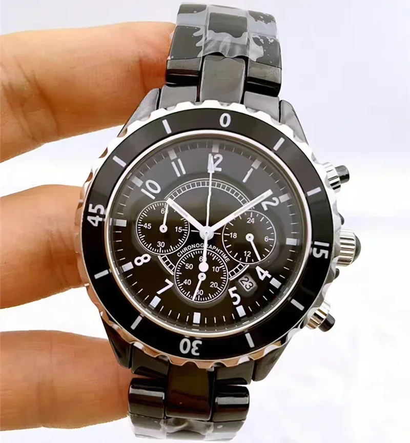 Top Quality  N Quartz Watch for Men Chronograph Watches Black White Ceramic Rose Gold Calendar Fashion Wristwatch