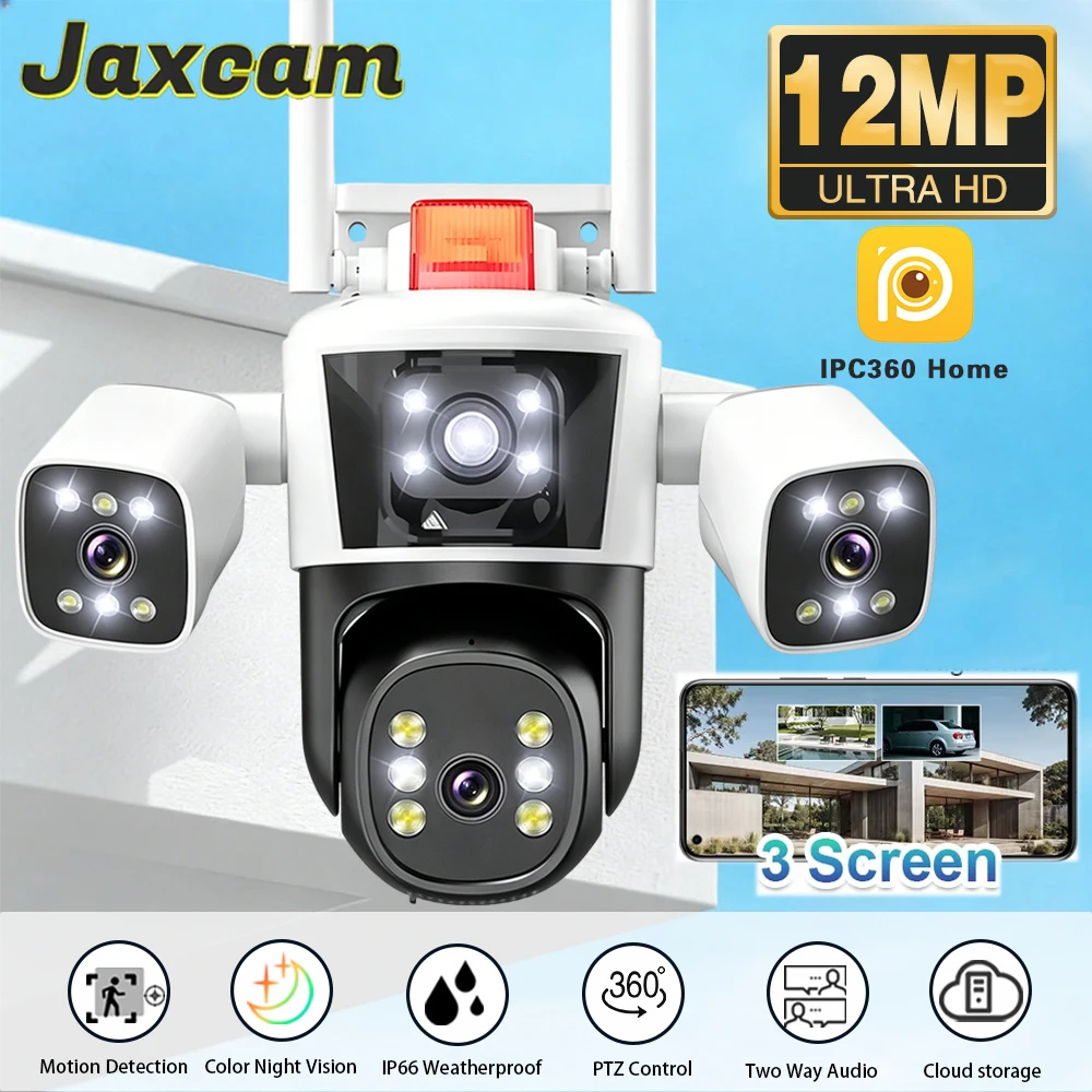 6K 12MP 3レンズ3画面WiFi PTZ IPカメラ 屋外IP66防水 双方向音声 