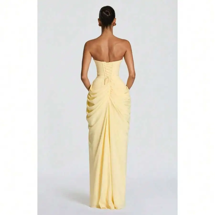 

Pale Yellow Strapless Floor-Length Gown With Back Lace-Up Corset And Cascading Ruched Skirt For Formal Events