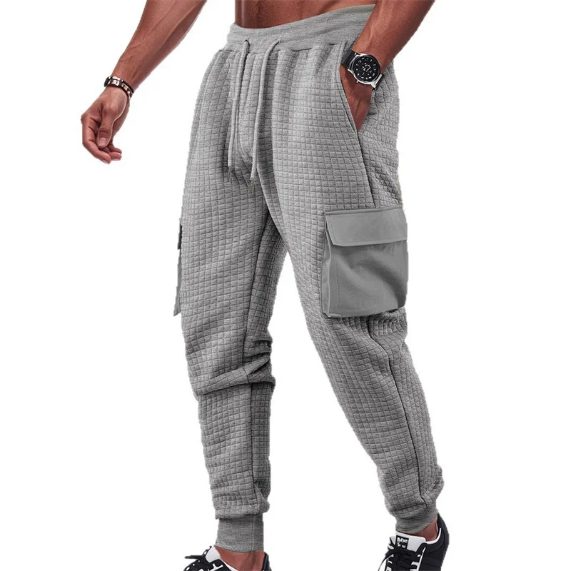 

spring and autumn Mens exercise loose Multipocket Cargo Pants Jacquard Checkered men pure color Casual Bunched Feet Trouser