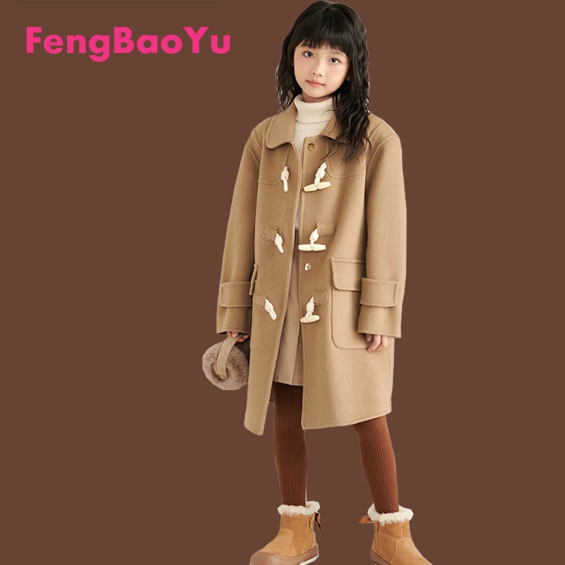 

Children's Double-sided Cashmere Coat Autumn Winter New Girls and Boys Camel Wool Horn Buckle Coat Outdoor Leisure Warm Comfort