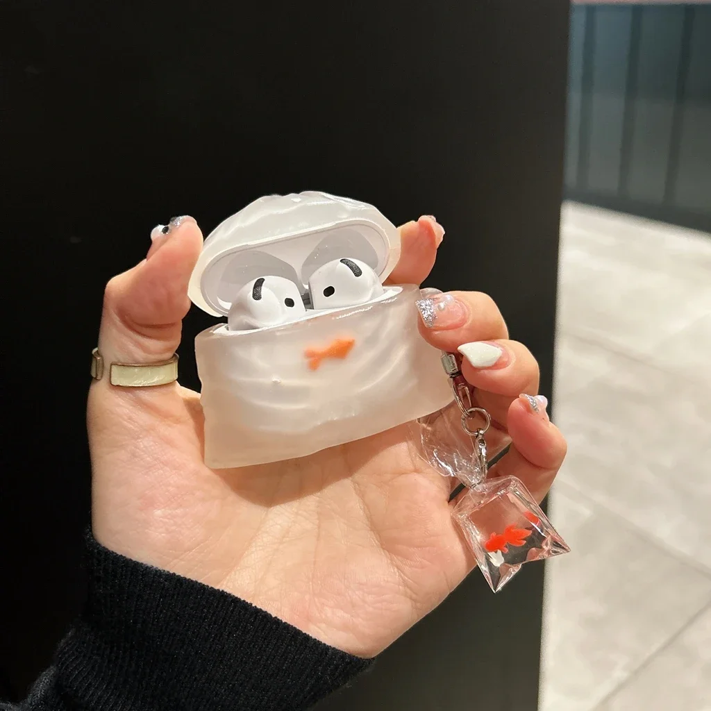 Originality Stereoscopic Transparent Goldfish Bag Pendant Case Cover for AirPods 1 or 2 3 4 AirPods Pro Pro 2