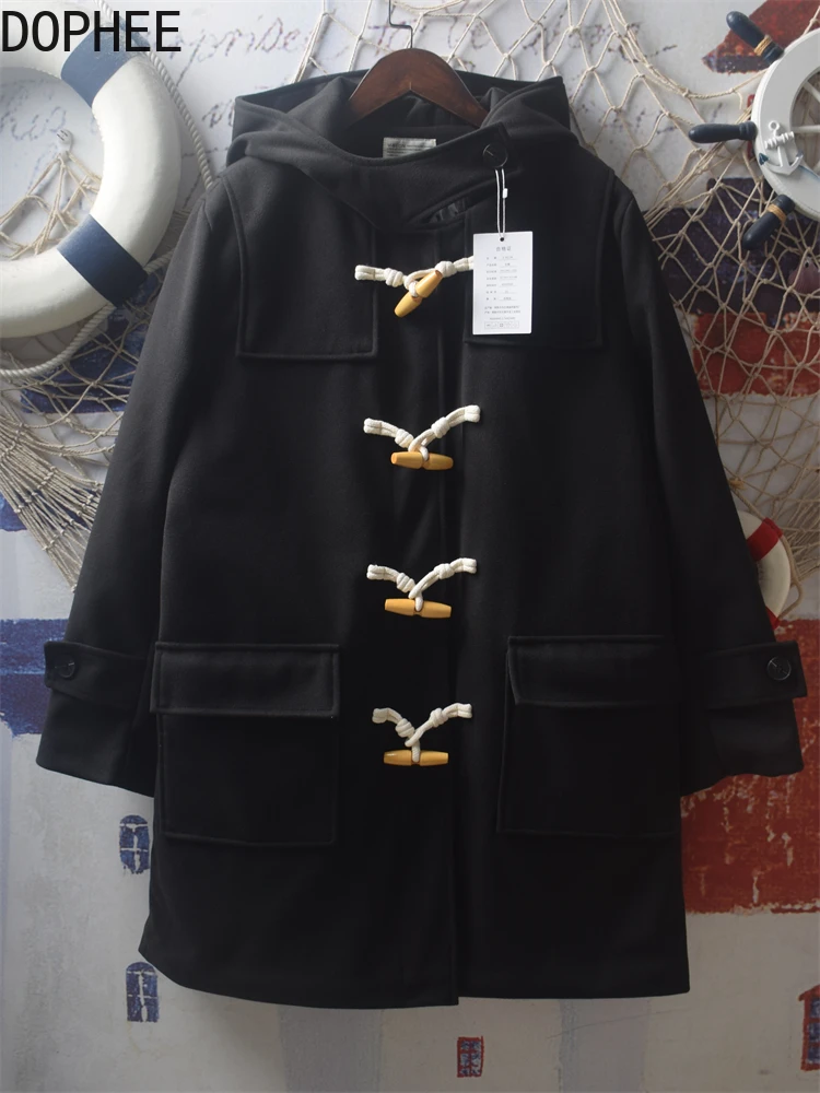 معطف مبطن متوسط الطول على الطراز الياباني Preppy معطف سميك بقلنسوة وزر على شكل قرن معطف نسائي بأكمام طويلة بلون سادة سترات صوفية غير رسمية #1