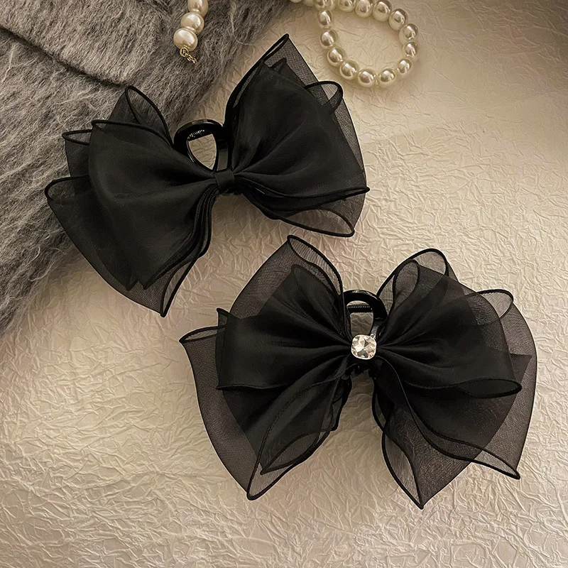 

Princess Girls Black Bowknot Grip Clip Temperament Rhinestone Hair Clip Crab for Women Headdress Claws Hair Accessoires