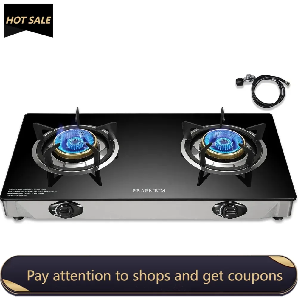 

2 Burner Propane Stove With Flame Failure Device, Portable Tempered Glass Camping Gas Cooktop, Auto Ignition Outdoor Gas Cooker