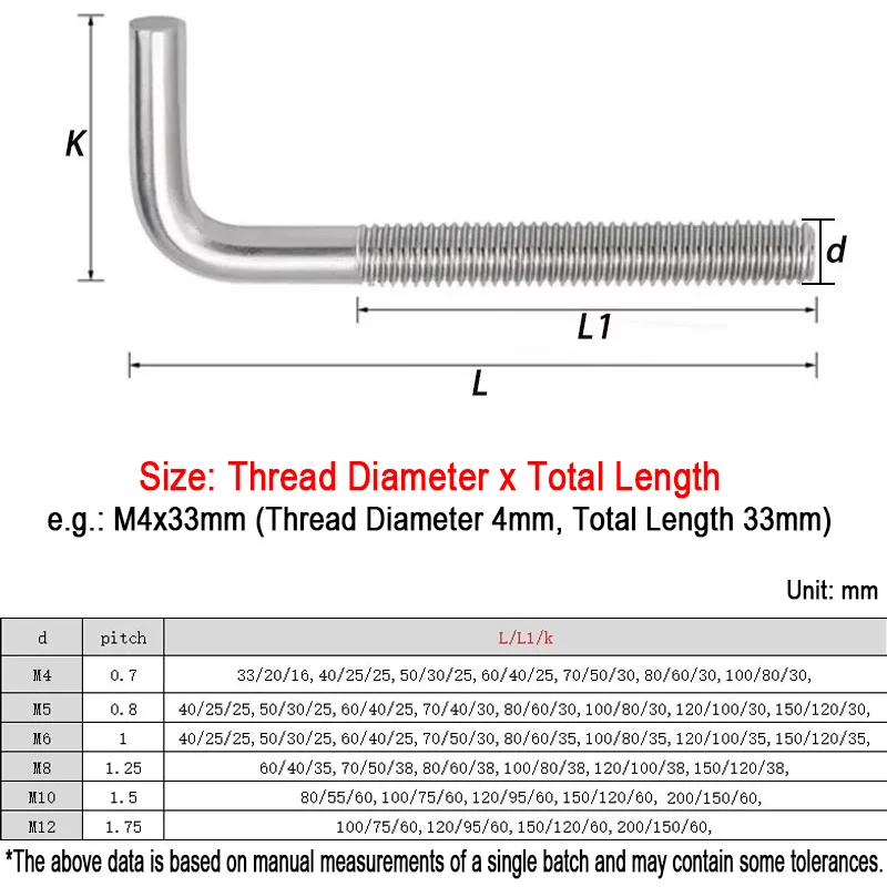 1/2/5pcs M4 M5 M6 M8 M10 M12 7-Shaped L-Shaped Right Angle Anchor Bolt Screw 304 A2 Stainless Steel Right Angle Screw