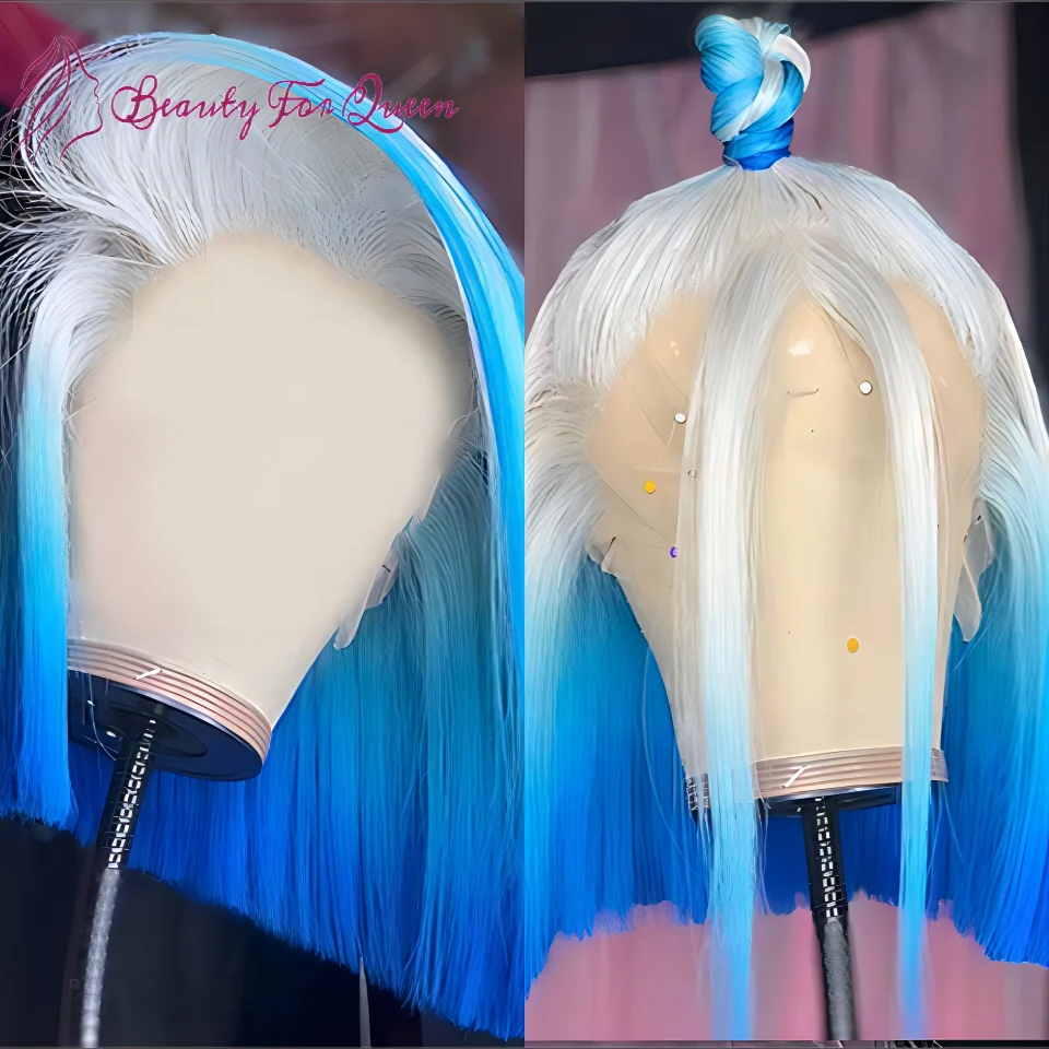 Wig Bob pendek biru renda depan rambut manusia Wig lurus renda depan Wig renda transparan berwarna renda Wig untuk wanita