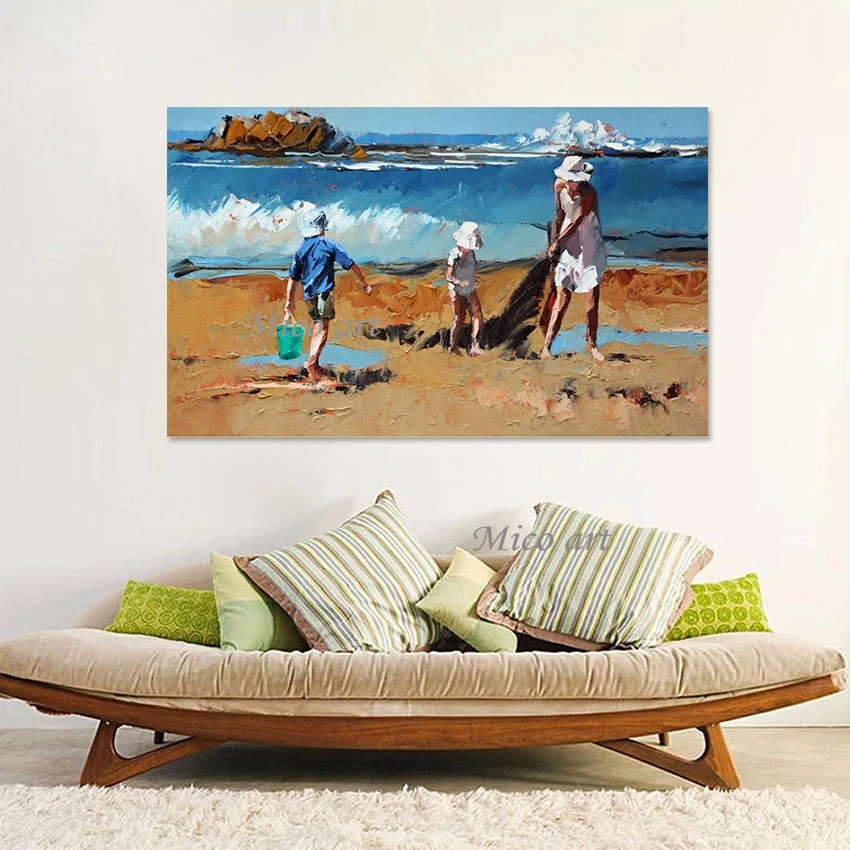 

Beach Landscape Art Canvas Picture Abstract Wall Decor Frameless Acrylic Oil Painting,Modern People Frolicking By The Seaside