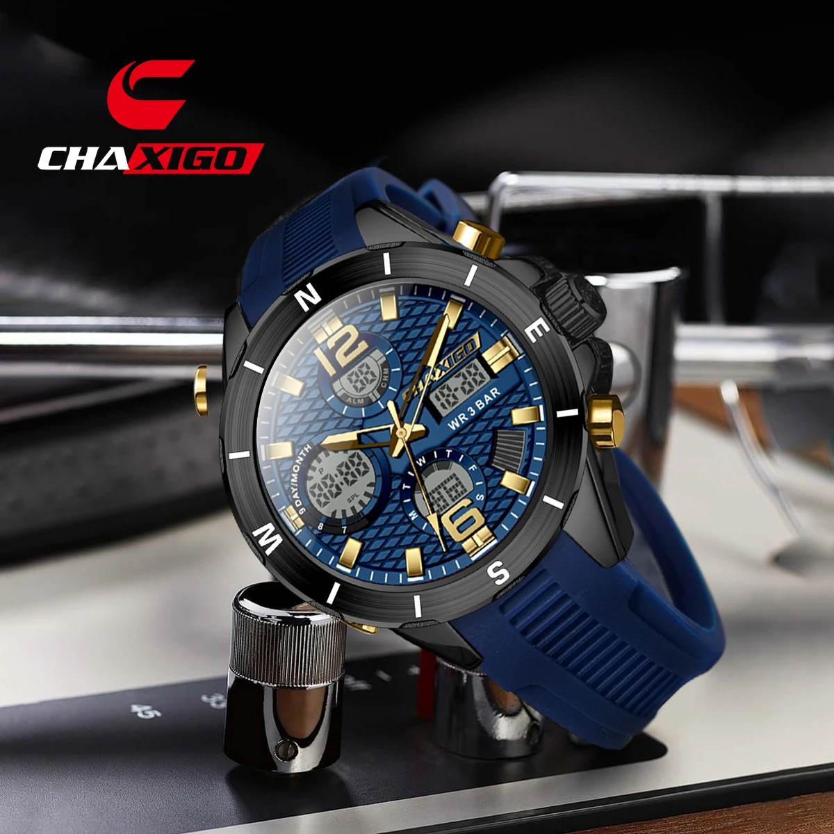 

CHAXIGO Men's Fashion Sport Silicone Strap Watch is waterproof features chronograph and date display and a mineral glass crystal