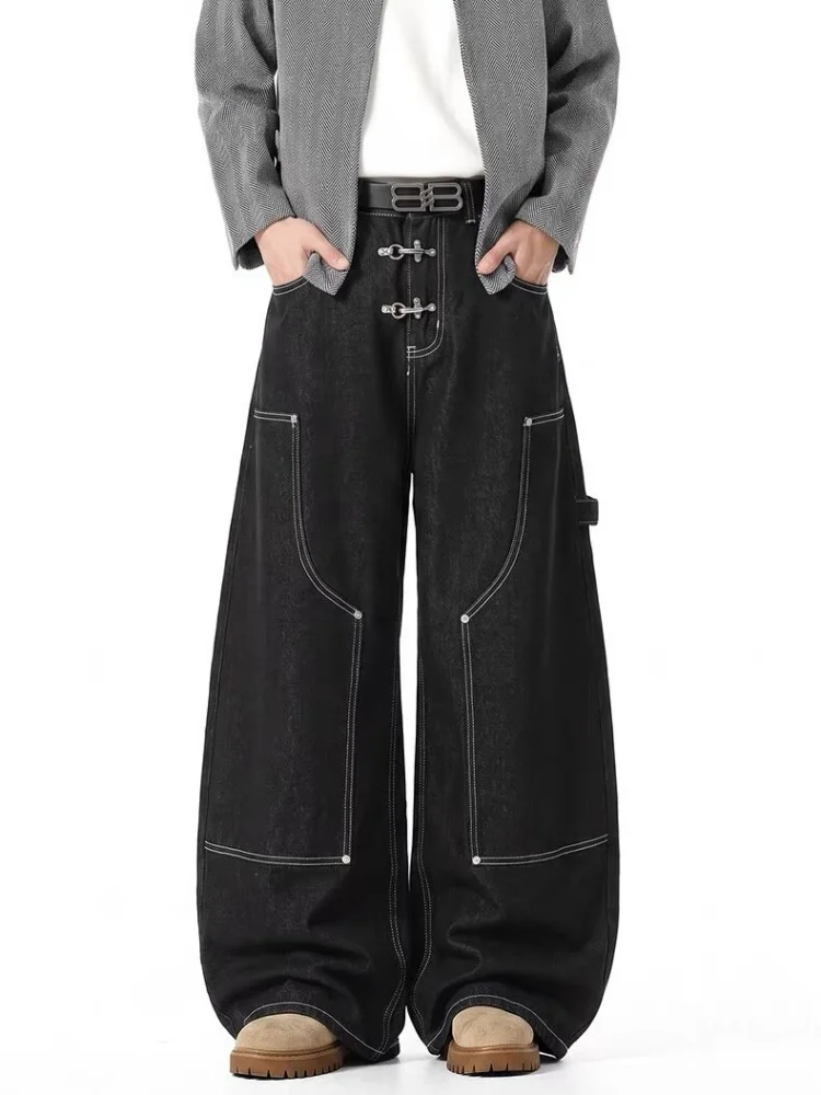 2026 Cyber Y2K Streetwear Airplane Buckle Black Baggy Jeans Pants For Men Clothing Wide Leg Loose Fit Long Trousers Moda Hombre