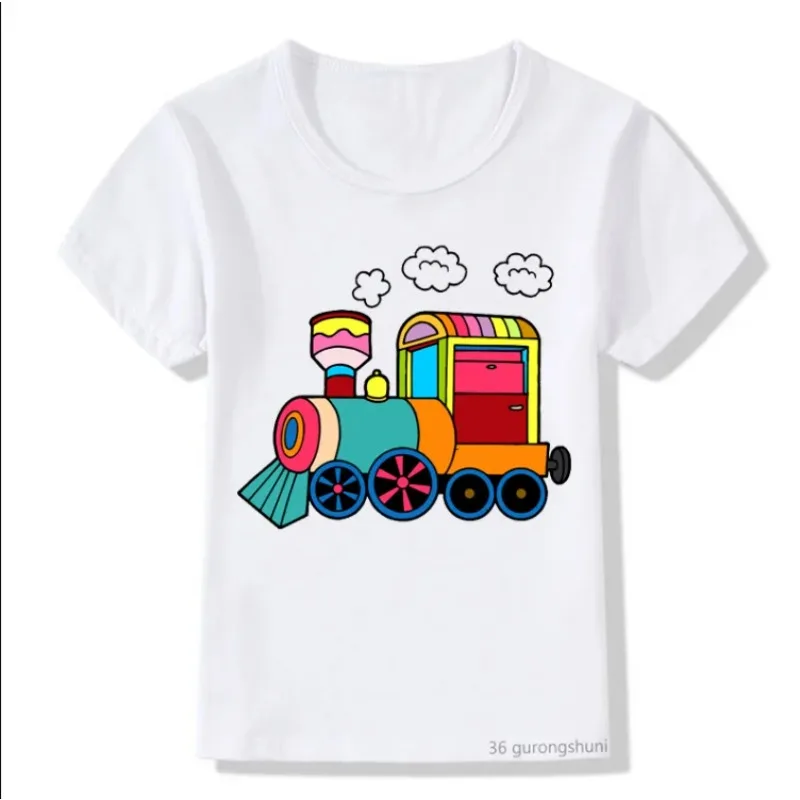 Baju ulang tahun anak laki-laki, atasan kaus putih kasual motif kartun kereta kecil lucu musim panas