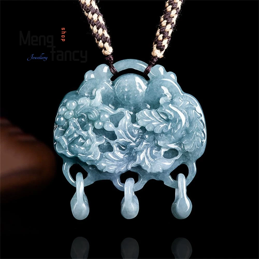 

Natural A-goods Jadeite Blue Water Phoenix Hollow Jade Pendant Double-sided Engraving Exquisite High-grade Fashion Fine Jewelry