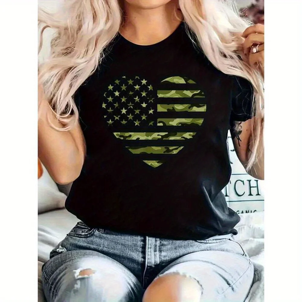 

Plus Size Camo American Flag Heart Camouflage Tactical Green Military T-Shirt 0XL-4XL