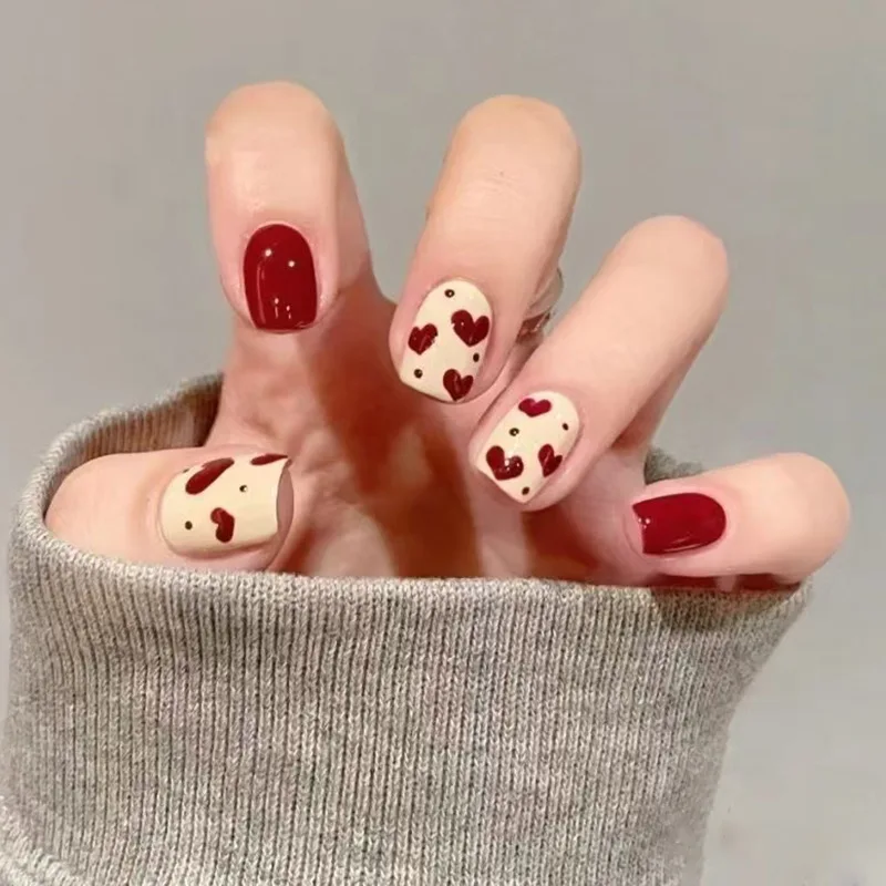 

30pcs Short Coffin Press-On Nails - Classic Red With Heart & Polka Dot Prints Timeless & Versatile Style (Multi-Size Fit)