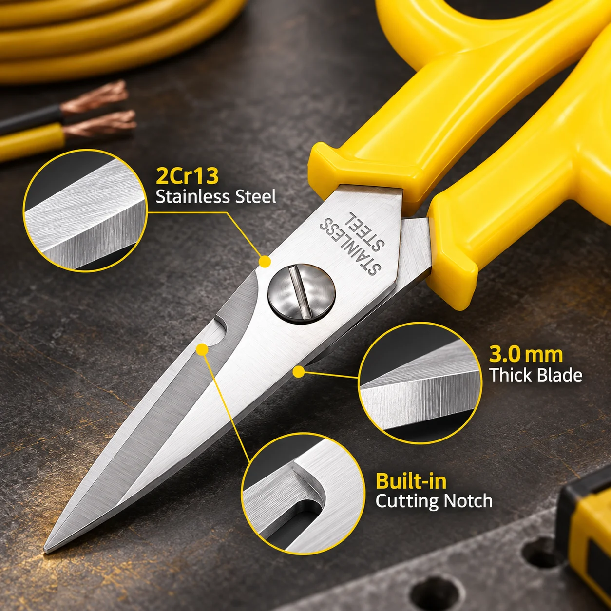Stainless Steel Heavy Duty Electrician Scissors, Insulated Shears for Cable Duct, Fish Line, Metal and Wire Cutting