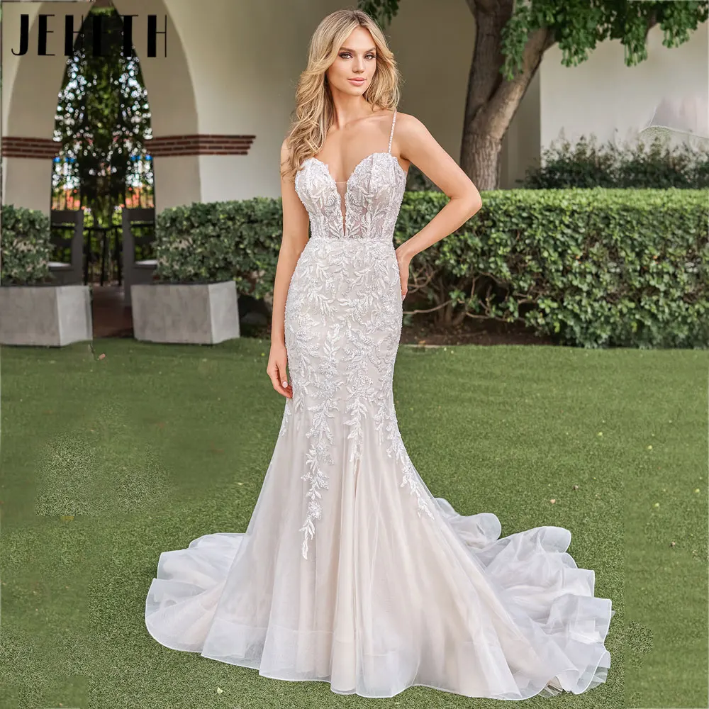 JEHETH Spaghetti Straps Sweetheart Neck Wedding Gown Appliques Mermaid Sleeveless Bridal Dress Back Buttons Tulle robe de mariée