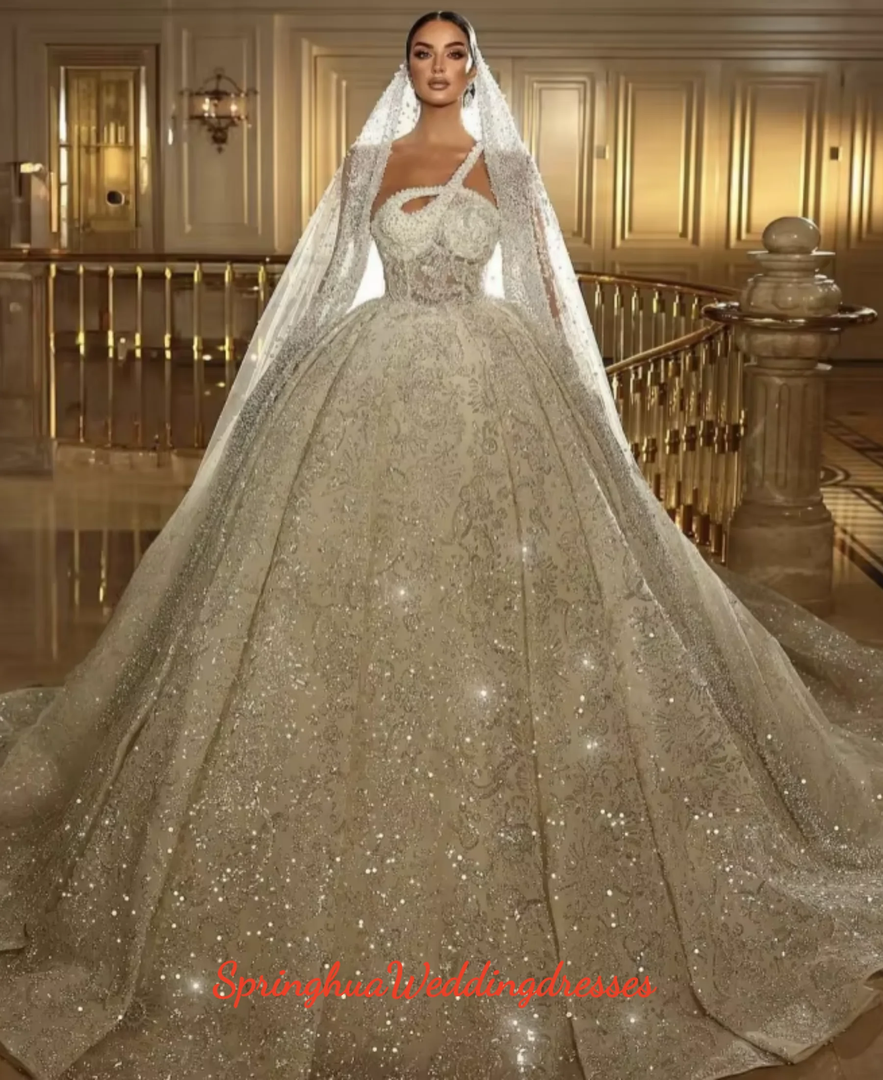 Customized Luxury Champagne One Shoulder Ball Gown Wedding Dress Elegant Beaded Bridal Gown Cathedral Vestidos De Novia