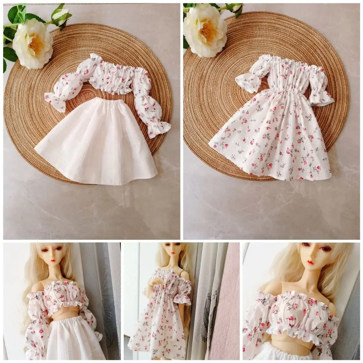 New 60cm Doll's Clothes for 1/3 Bjd Doll Floral Dress Bubble Sleeve Top Diy Girl Toys Dress Up Birthday Gift Doll Accessories