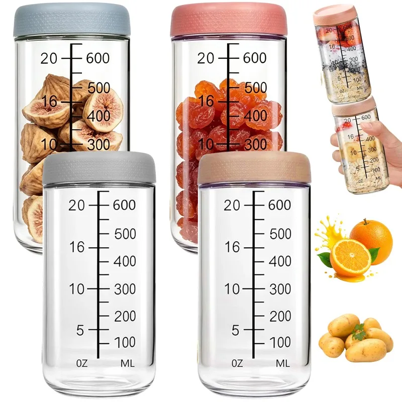 Paquete de 4 recipientes de vidrio de borosilicato de 850 ml para preparar comidas, boca ancha con escala y tapas herméticas a prueba de fugas, recipientes apilables para avena, ensalada, yogur, para