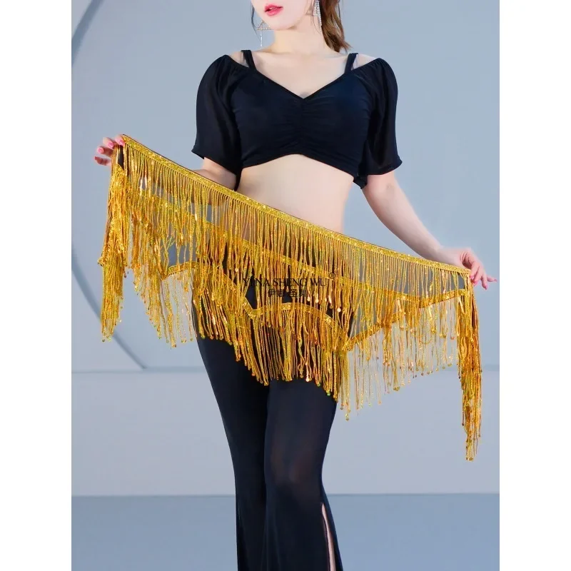 Goldener Bauchtanz-Hüftschal mit Quasten, glitzernden Pailletten und Fransen – Jazz-Shimmy-Wrap für Mädchen-Tanzunterricht und Auftritte