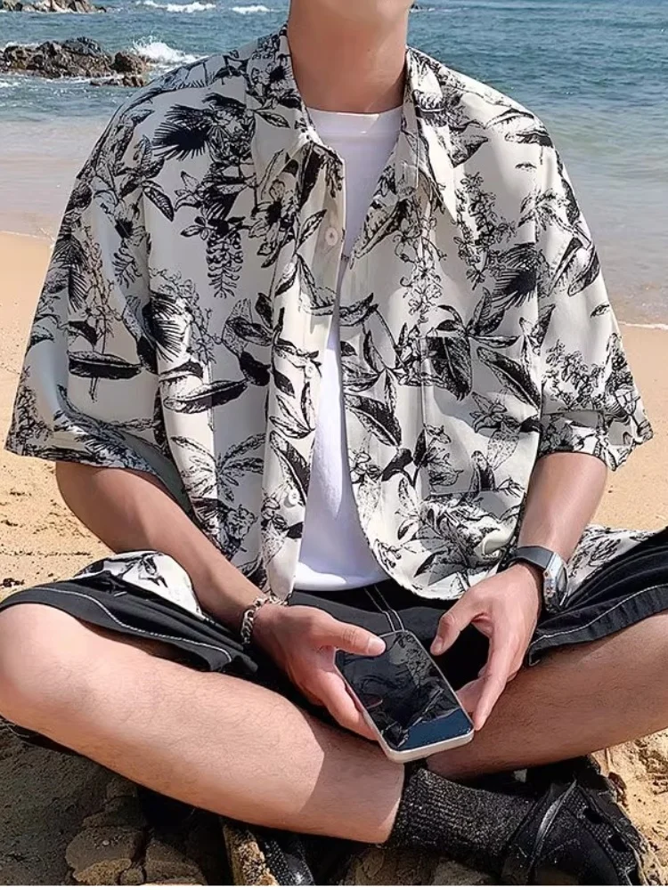 

Легкая летняя рубашка свободного кроя из ледяного шелка с цветочным принтом, тонкая, в гавайском стиле, модная, брендовая, для пляжа, верхняя одежда с коротким рукавом