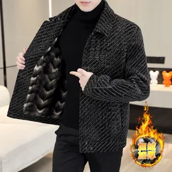 2022 Autumn Winter Striped Wool Blends Jacket Men Plush and Thicken Casual Business Short Trench Coat Social Streetwear Overcoat