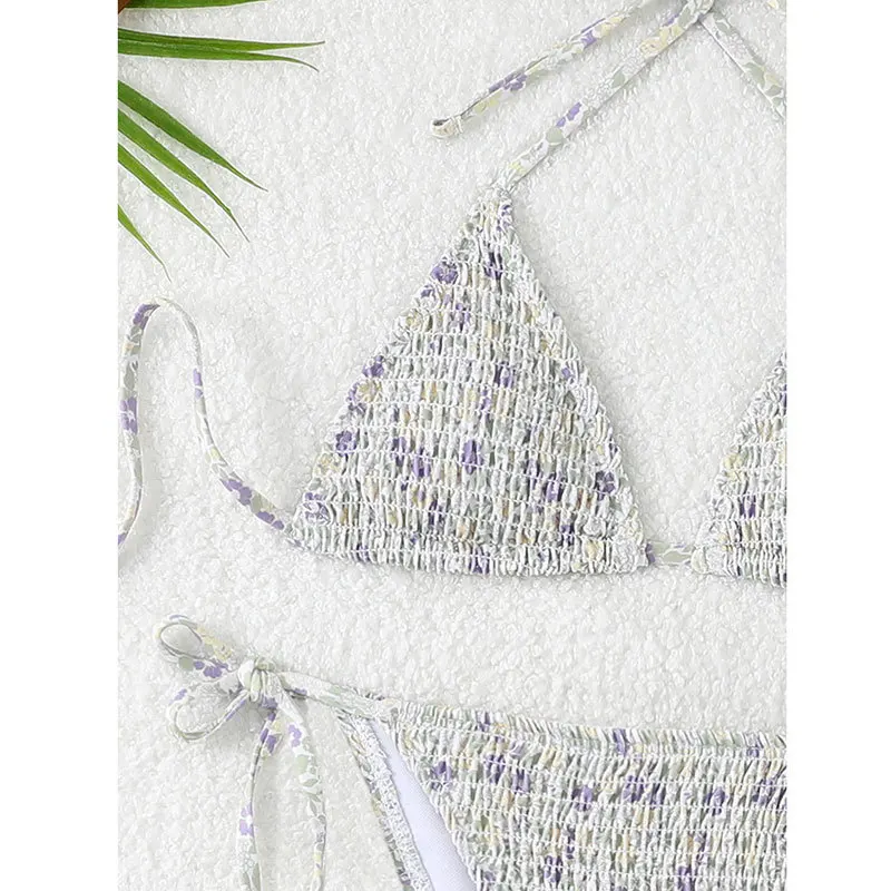 Sexy gravata halter flor roxa impressão enrugada conjuntos de biquínis duas peças tanga banho biquini conjunto de biquíni tankini beachwear