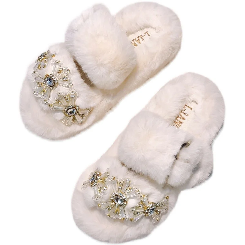 Fluffy Fur Outdoor Slippers Women Open Toe Slip On Flip Flops Flats Luxury Rhinestone Casual Autumn Winter Ladies Shoes Handmade