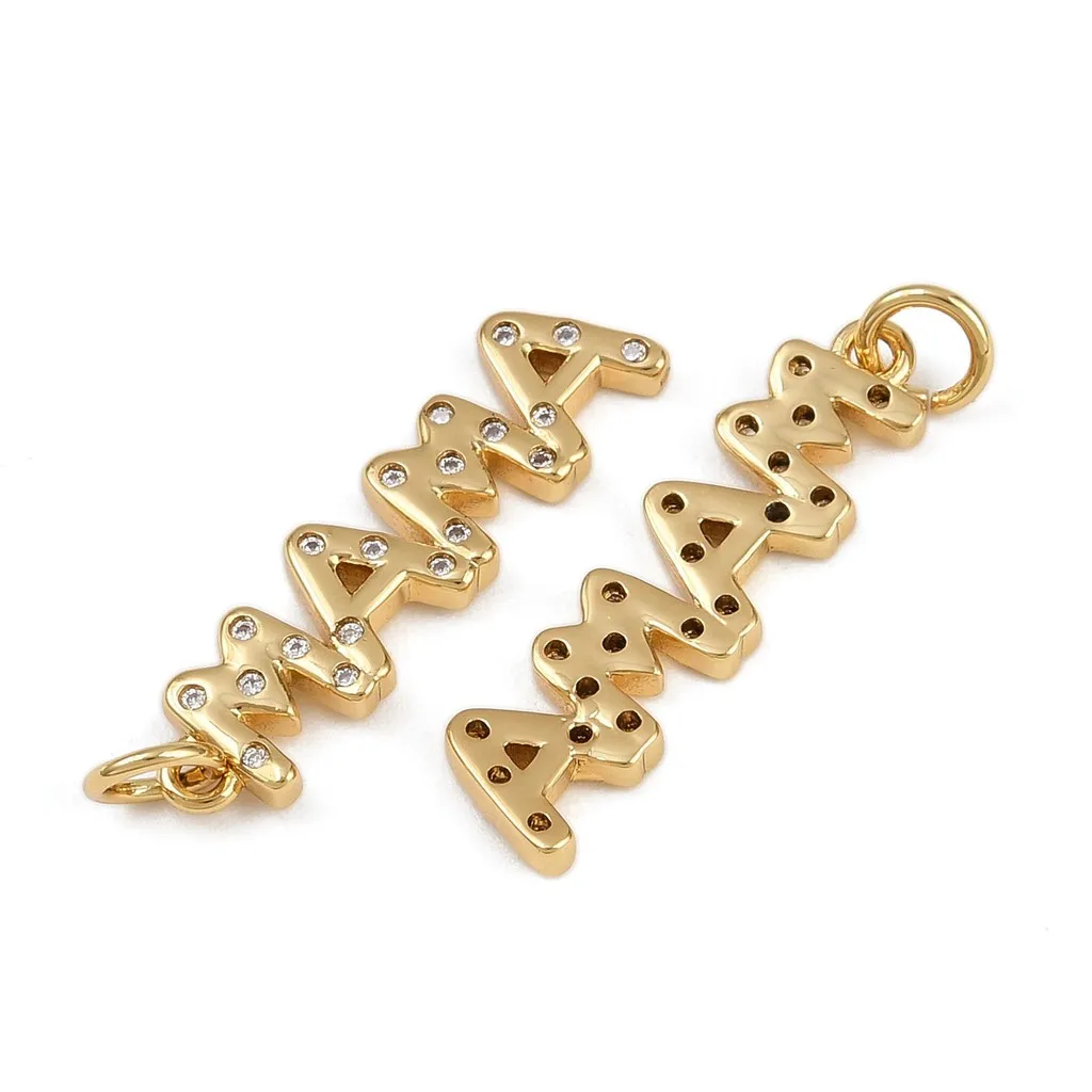 10pcs Golden Brass Micro Pave Cubic Zirconia Pendant Word MAMA Shape Charms with Jump Ring for Jewelry Making - view 2