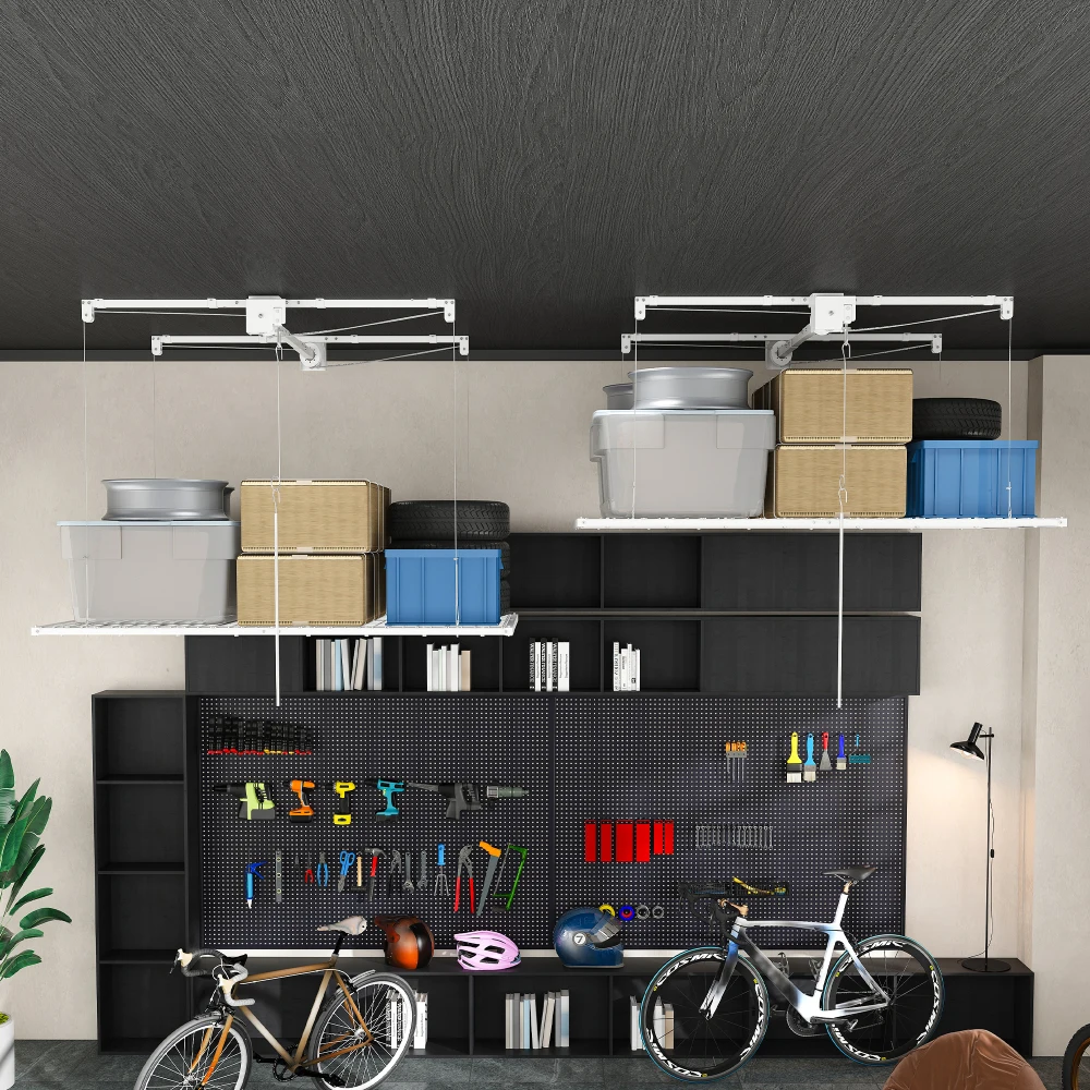 White Overhead Garage Storage Rack 4x8 FT for High Ceilings 10-12 FT, 350LBS Capacity All-Steel Construction with Safety Lock (Installation Required, Heavy-Duty Garage Organizer) view 3