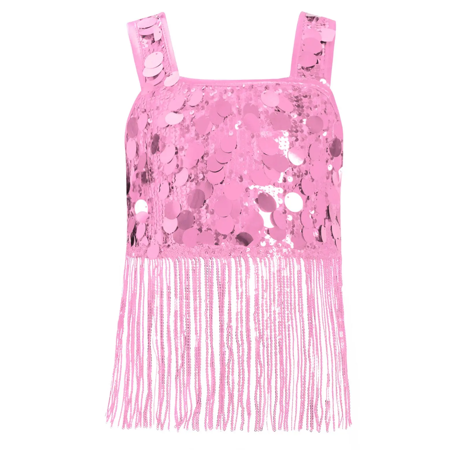 Children Latin Jazz Dance Tassels Tank Shiny Sequin Tops Performance Music Festival Party Dancewear Kids Girls Rave Costume