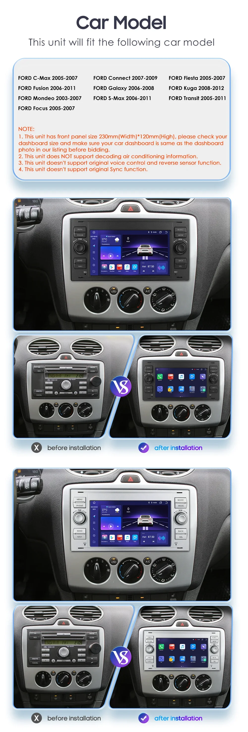 Audioproject A160 - Auto-radio Inbouwset Compatibel Met Ford Focus 2 C-Max Transit Fiesta Fusion Kuga S Max, Radio-diafragma Adapter Ontgrendelingsbeugel Zwart