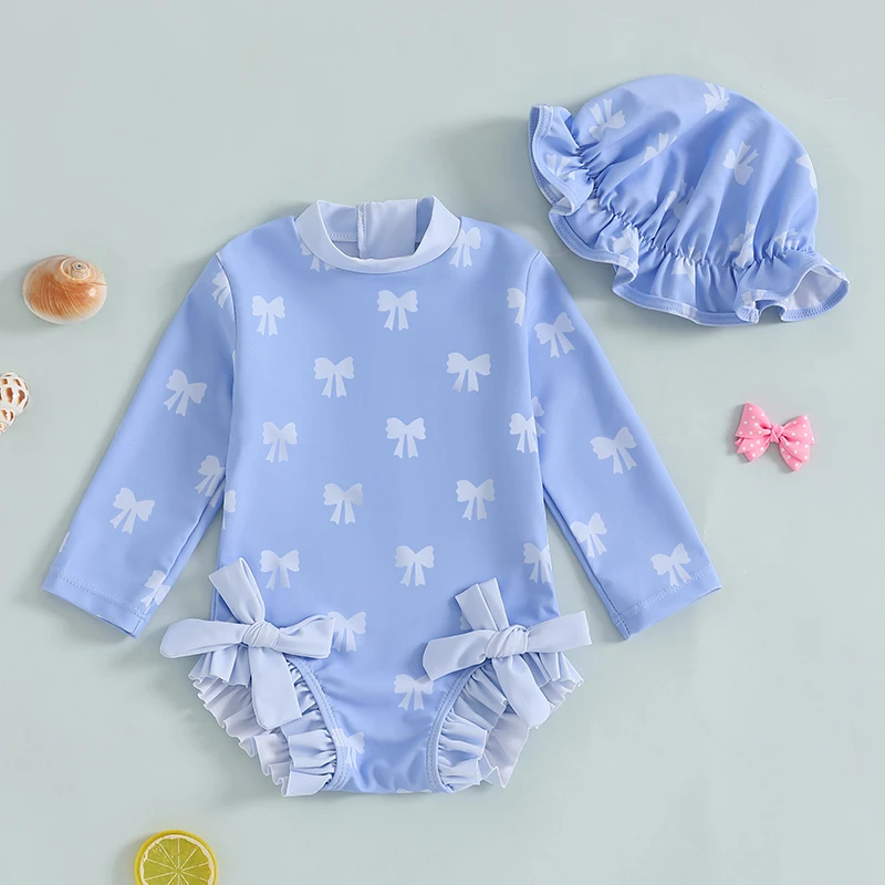 Maillot de bain à manches longues avec chapeau de soleil pour bébé fille, monokini à volants et imprimé avec nœud, tenue de bain pour nouveau-né de 3 mois à 3 ans