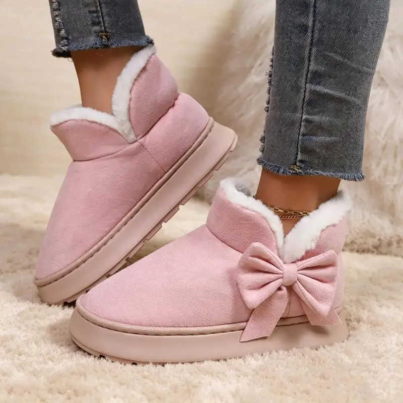 Rosa Schleifenstiefel mit Fleecefutter, Plateau-Schneestiefel für Damen, Winter-Outdoor-Stiefel mit dicker Sohle, Slip-On-Kurzstiefel für Damen, Übergrößen-Plüschstiefeletten – Detail 4