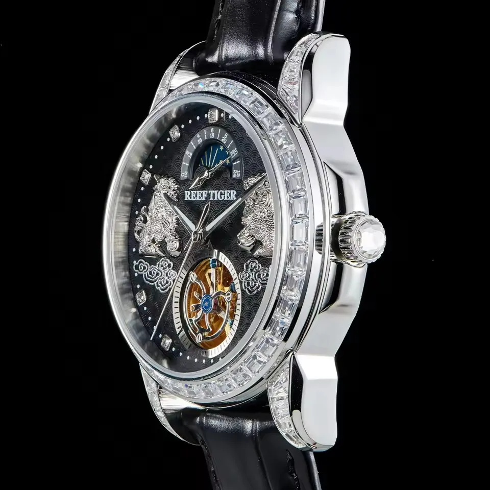 

Reef Tiger Мужские автоматические часы 42,7 мм Механические наручные часы 50 м Водонепроницаемые светящиеся Pixiu Скелетный циферблат 24 часа