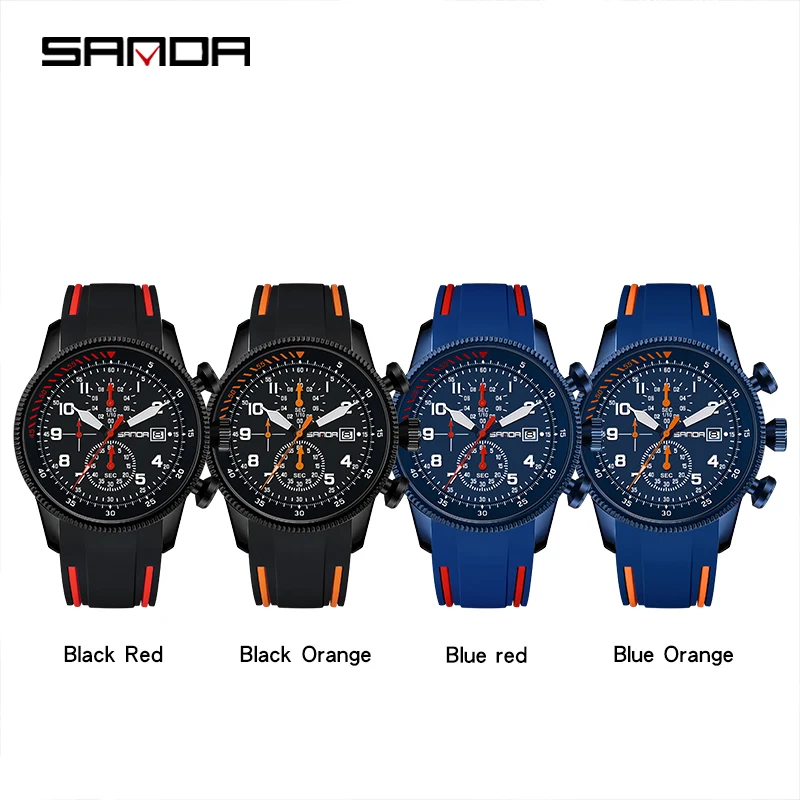 SANDA Fashion Waterproof Mens Watches Top Brand Luxury Chronograph Quartz Men Watch Red Silicone Strap Sports Wristwatches