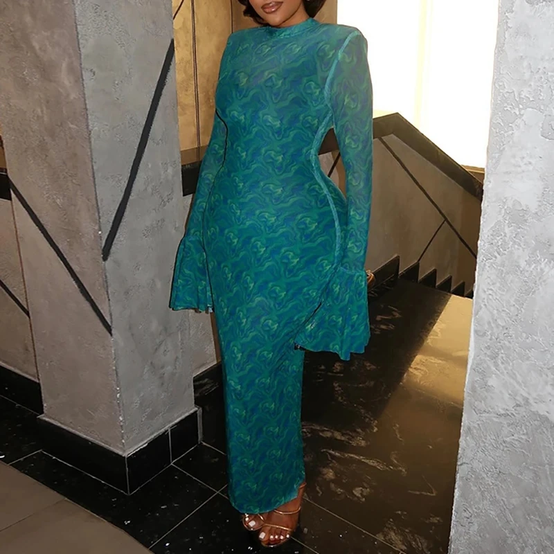 

Elegant Lady Simple Commute Dress Temperament O-neck Printed Slim Party Dress Fashion Long Sleeve High Waist Pleated Party Dress