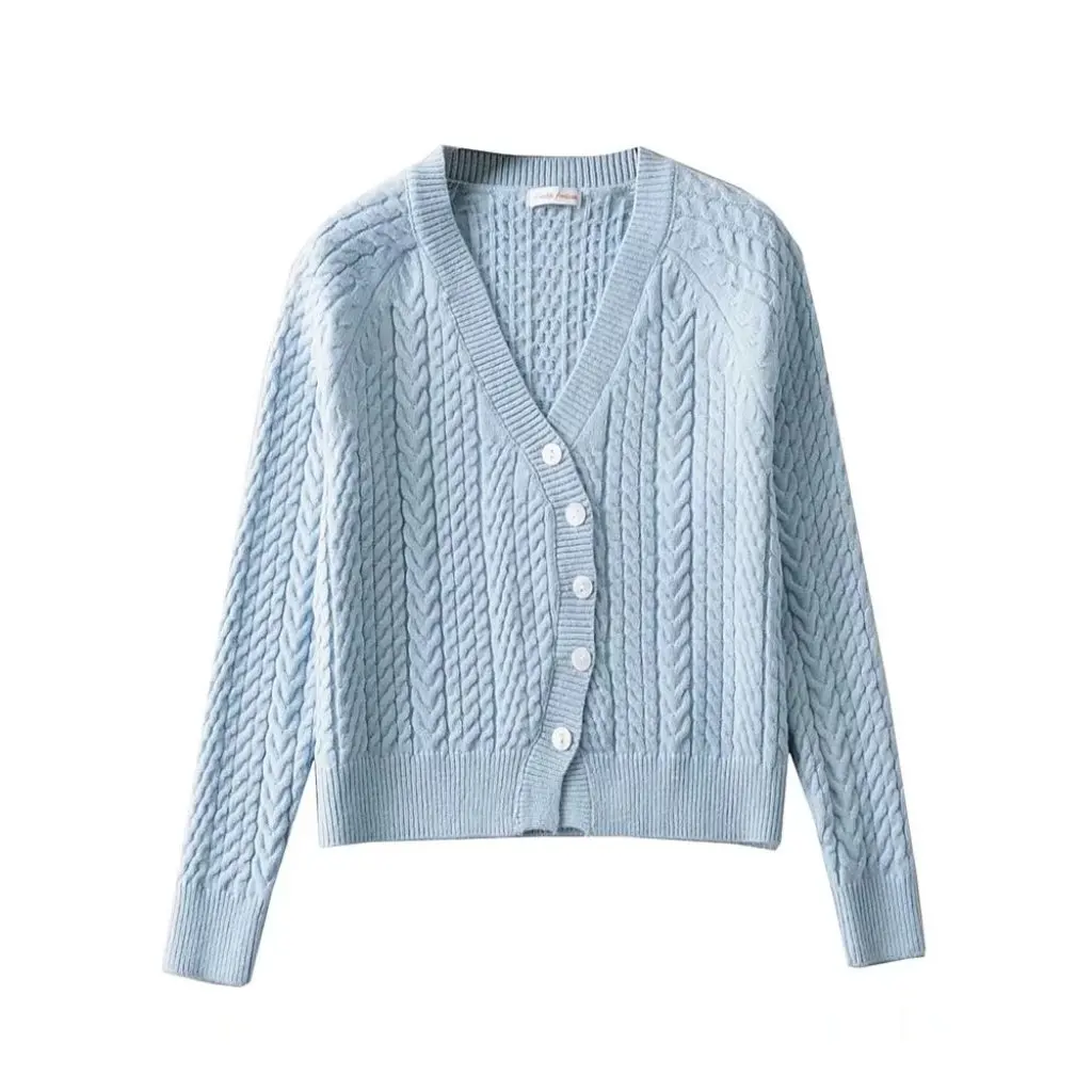

Women's V-neck Twisted Knitted Cardigan Sweater Loose Button-Up Coat Autumn Winter Fashion Irregular Design Wholesale