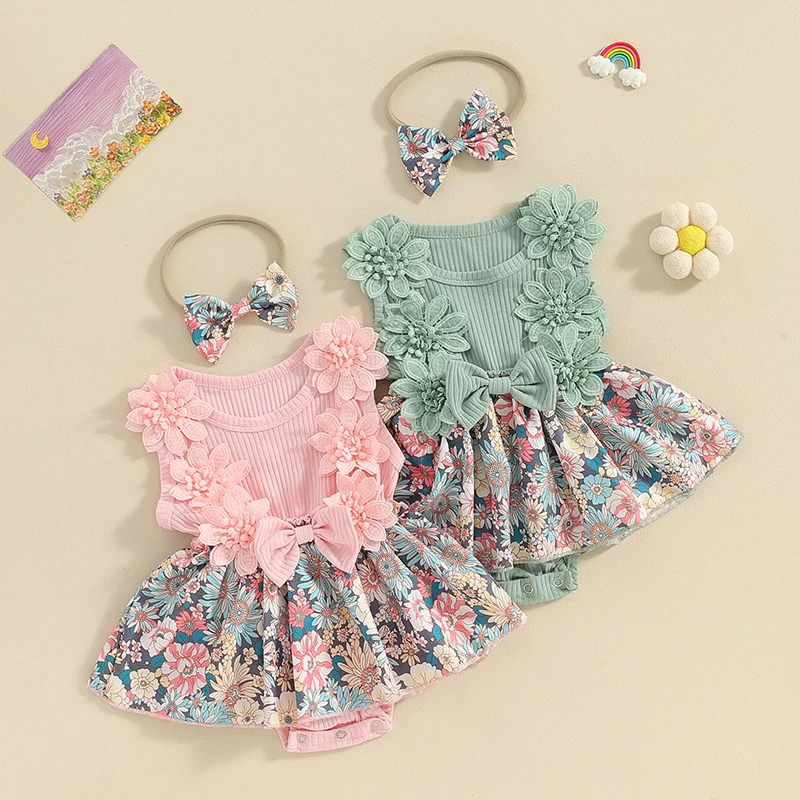 

Baby Girls Rompers Dress Crew Neck Sleeveless Floral Print Skirt Hem Infant Bodysuits Summer Clothes With Headband 0-24 Months