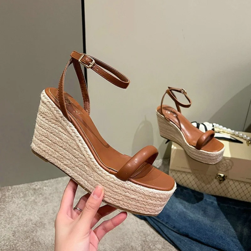 2024 Summer New Buckle Square Head Hemp Wedge Sandals Thin Belt Braided Platform High Heel Shoes For Women