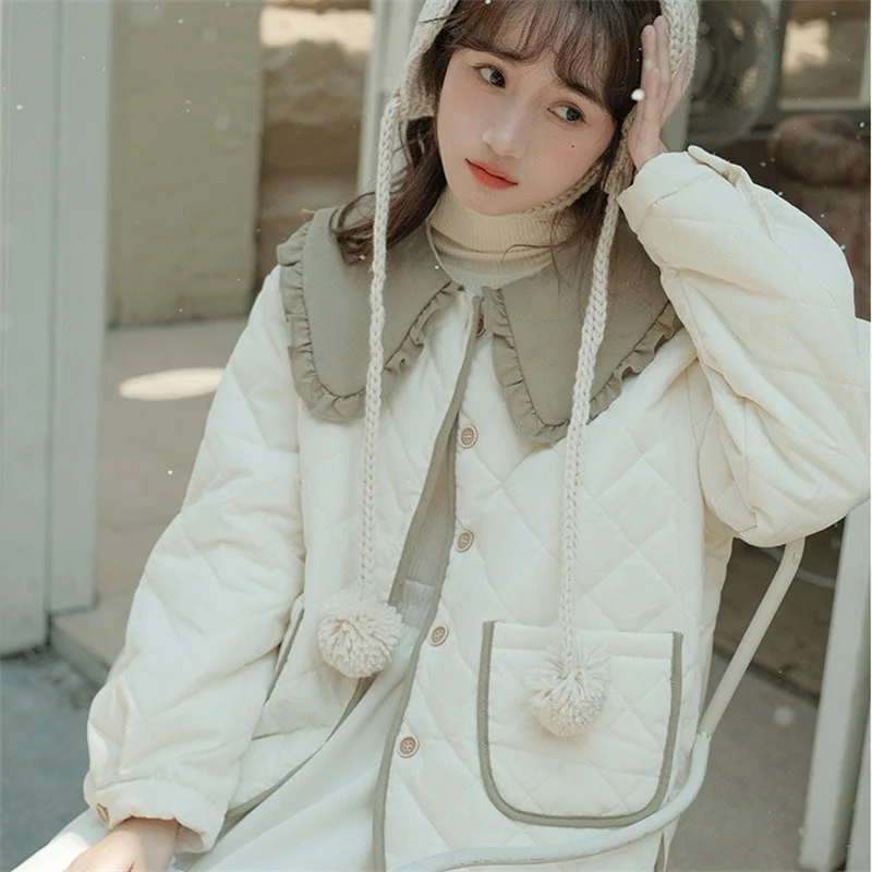 Splicing Doll Collar Cotton-padded Jacket Coat Autumn Winter Women Outerwear 2025 New Diamond Warm Cotton Clothes Women Clothing