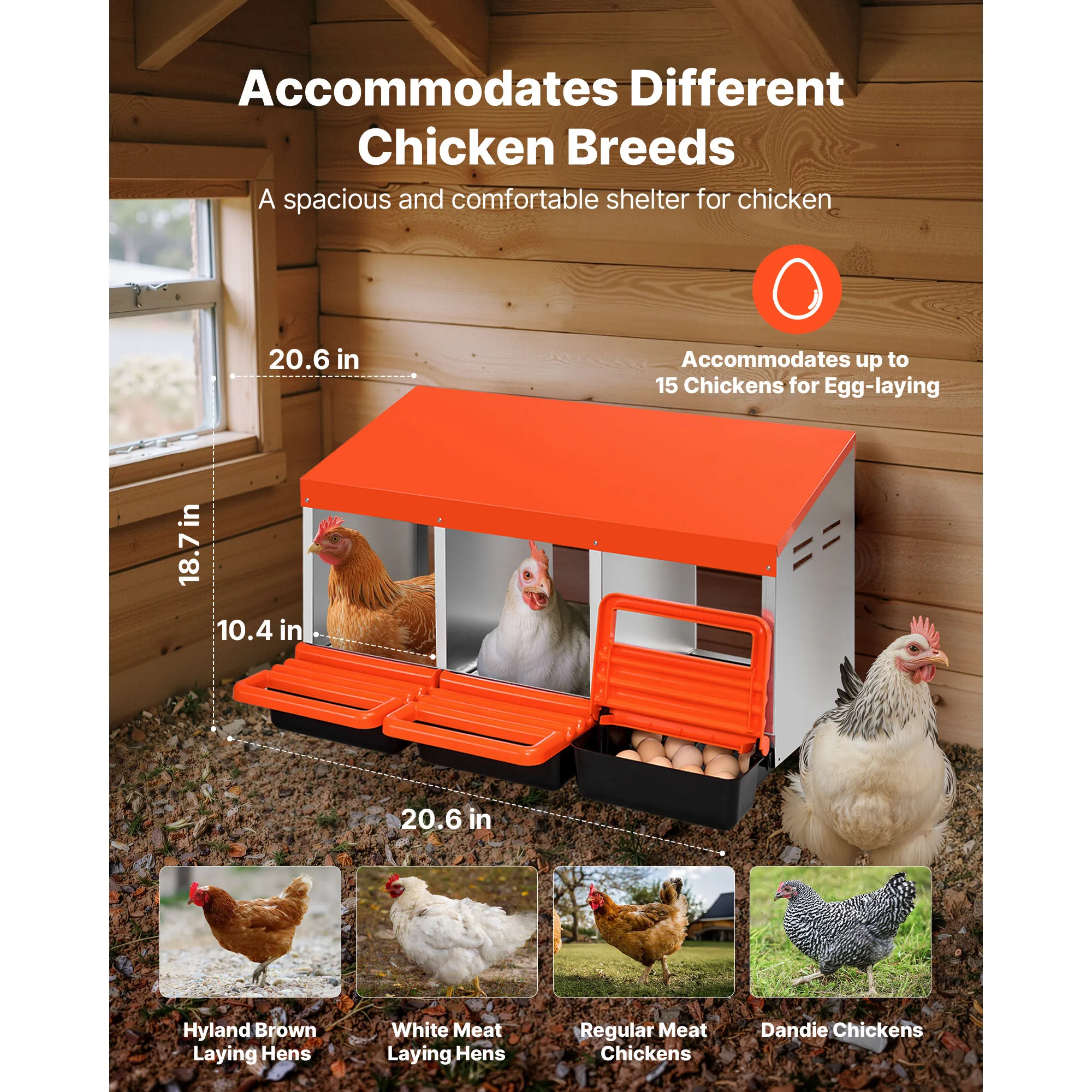 SucceBuy 3Compartments Chicken Nesting Boxes w/ Protective Collection Lids Easy to Assemble Ideal for Hens Ducks Chickens Orange