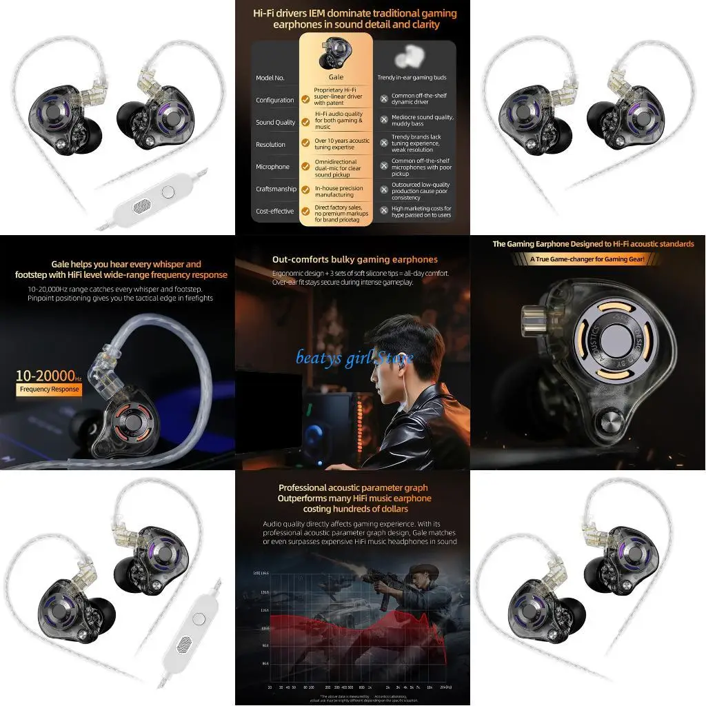 C7AB Immersive Gaming Earphones Extended Frequency Ranges 10-20000Hz Swappable Cable System Comfort Fit Wire Headphones
