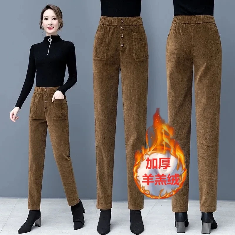 Thickened Lamb Cashmere Autumn Winter Corduroy Pants Add Velvet Warm Pants Female Harlan Pants Casual Trousers Mother Wear