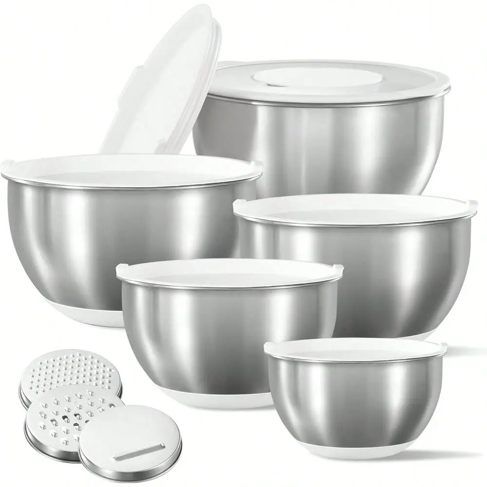 

Steel Mixing Bowls With Lids Set,12 Pcs Nesting Bowls Clear Airtight Lids 3 Grater Attachments,NonSlip Bot Measurement Marks Mi