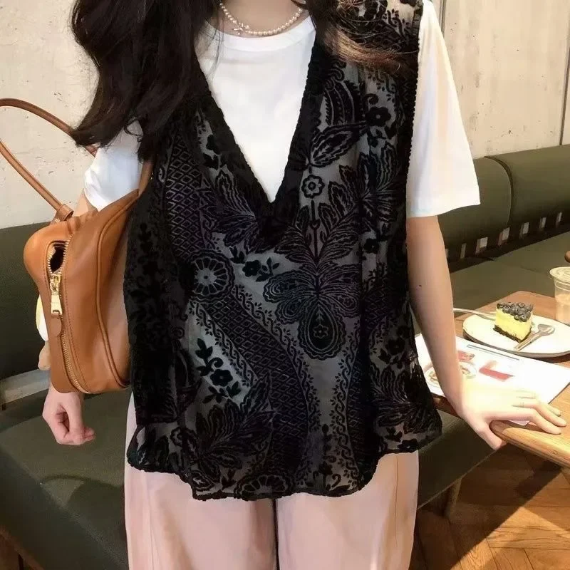 2026 Ropa Mujer Jacquard Lace Flocking Vests Women's Clothing V-neck Sleeveless Loose Tees Hollow Out See Through Summer Tanks