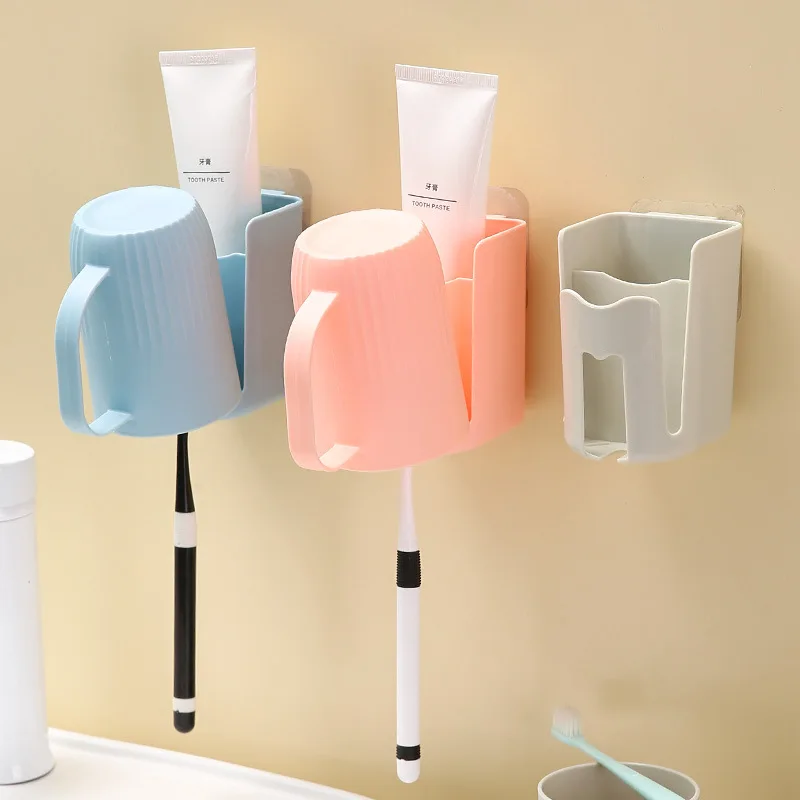 Wall Mounted Toothbrush Holder Punch-Free Quick Draining Tooth Brush Container Plastic Space Saving Toothpaste Dispenser