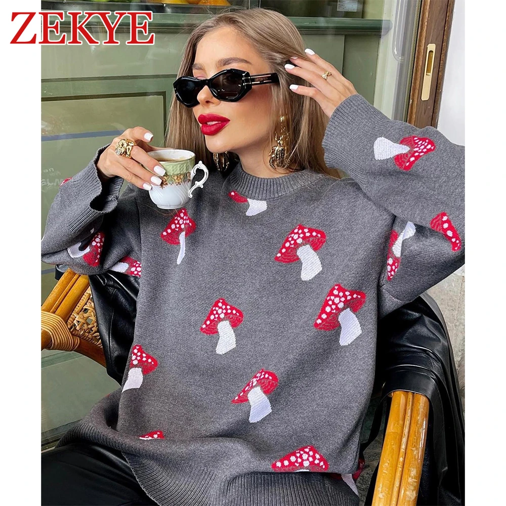 Zekye Mushroom Graphic Cute Black Sweaters Women Winter Loose Long Sleeve Knitwear Casual Basic Outwear Autumn Pullover Elegant