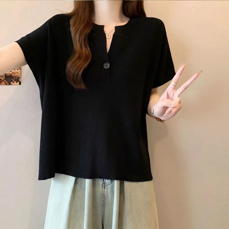 Fashion V-Neck Knitted Solid Color Batwing Sleeve T-Shirts Female Clothing 2024 Summer New Loose Casual Tops All-match Tee Shirt
